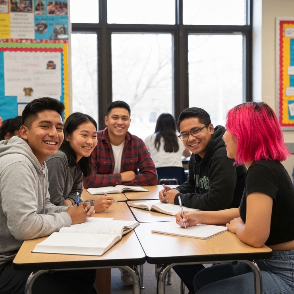 Diverse students smiling and engaging in classroom