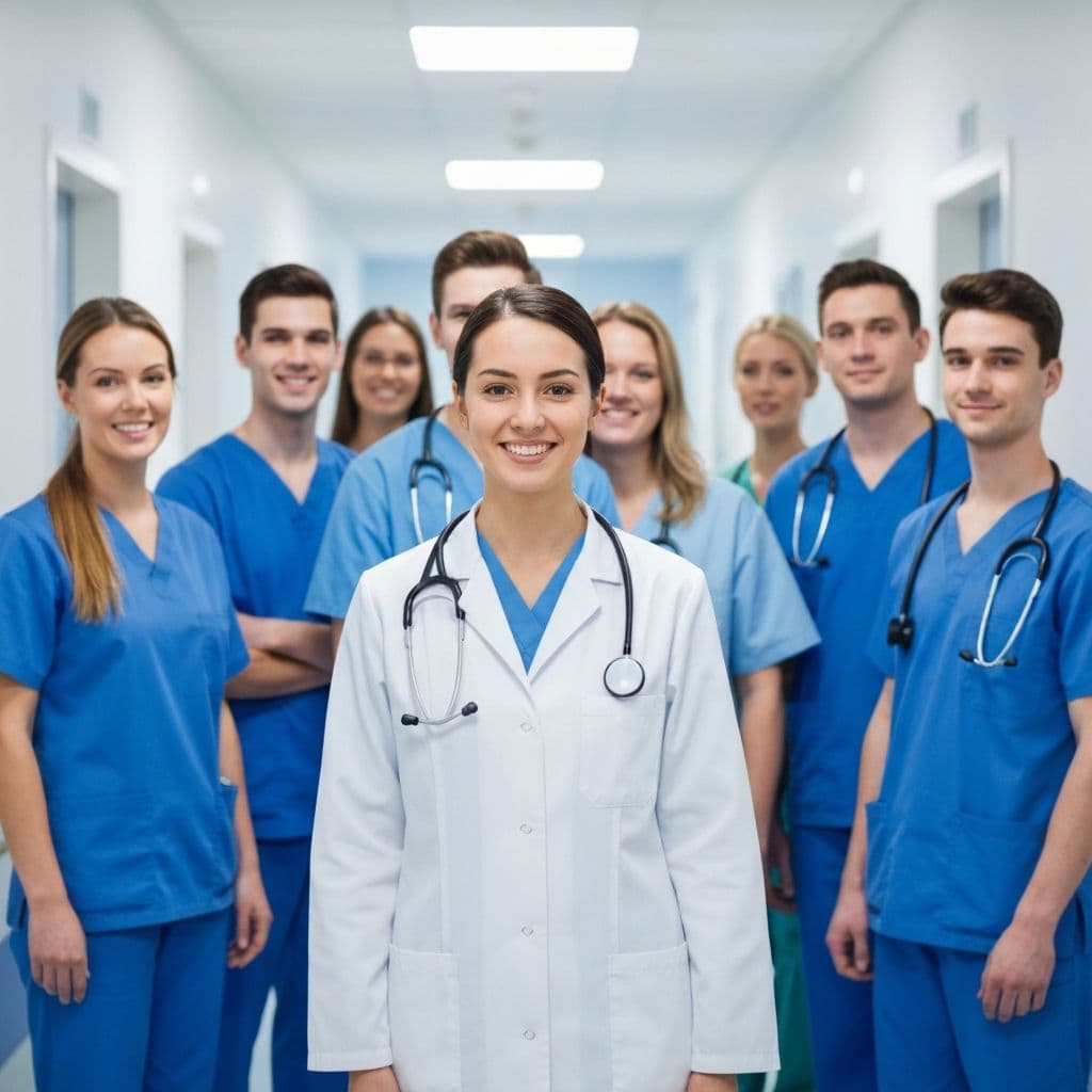 Doctor with medical team in hospital hallway