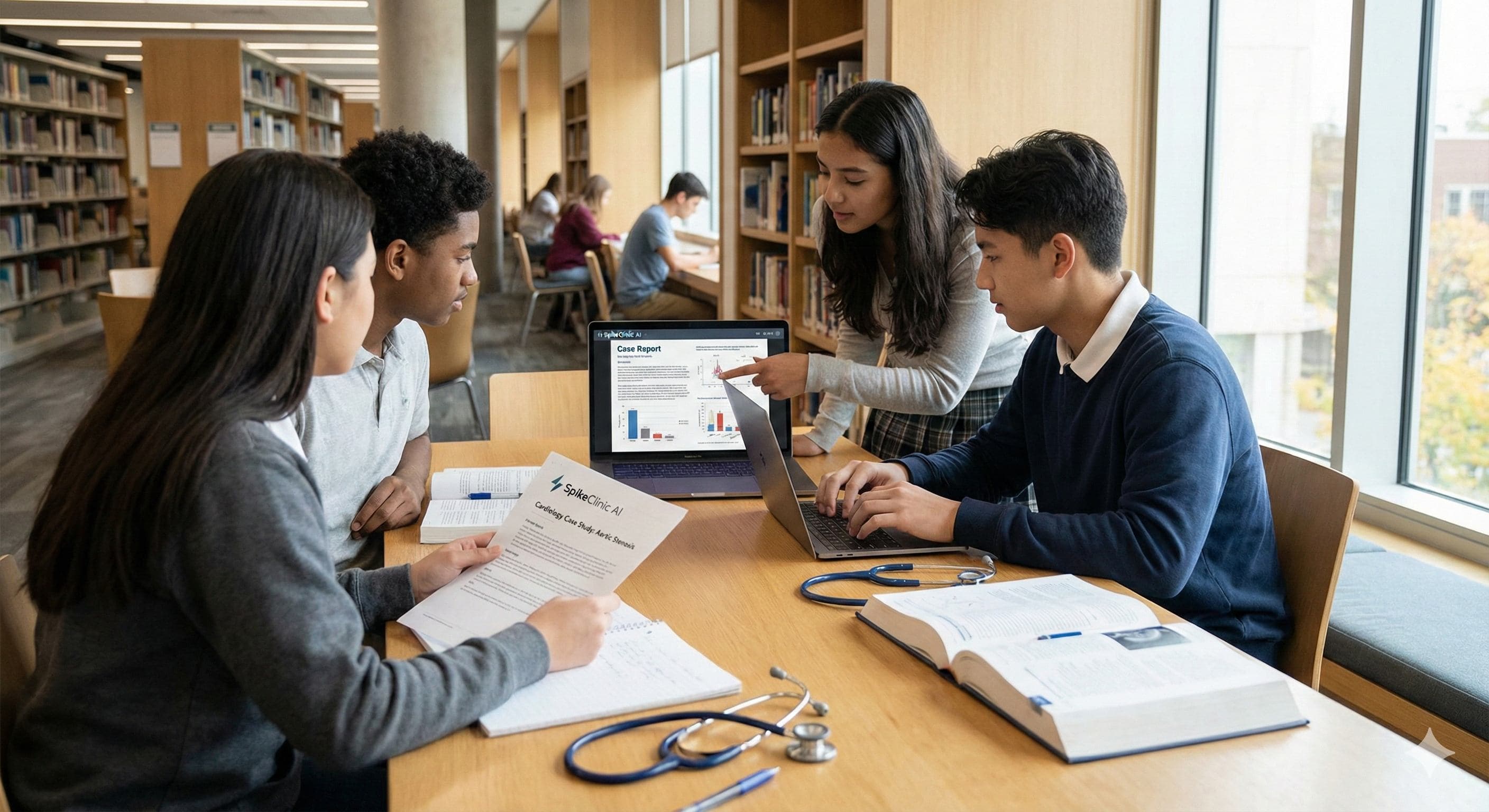 High school students collaborating on medical case report in library - reviewing cardiology case study on laptop with stethoscope