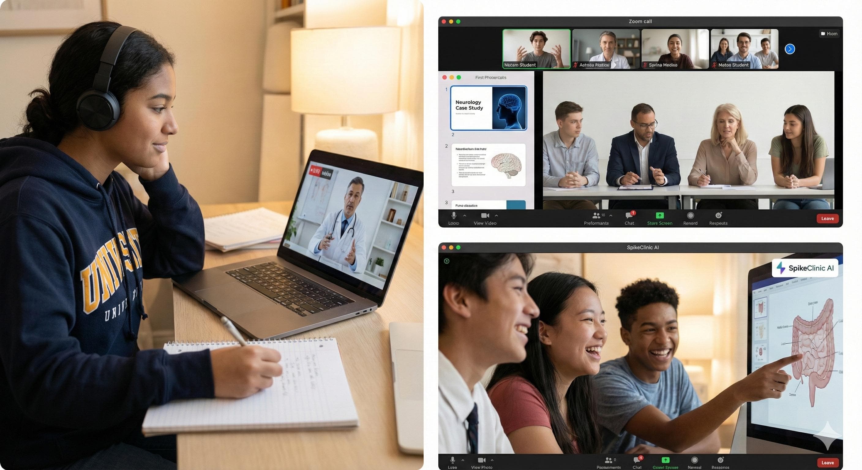 High school students attending live SpikeClinic AI medical education program - online video session with doctor reviewing neurology case study and brain scans