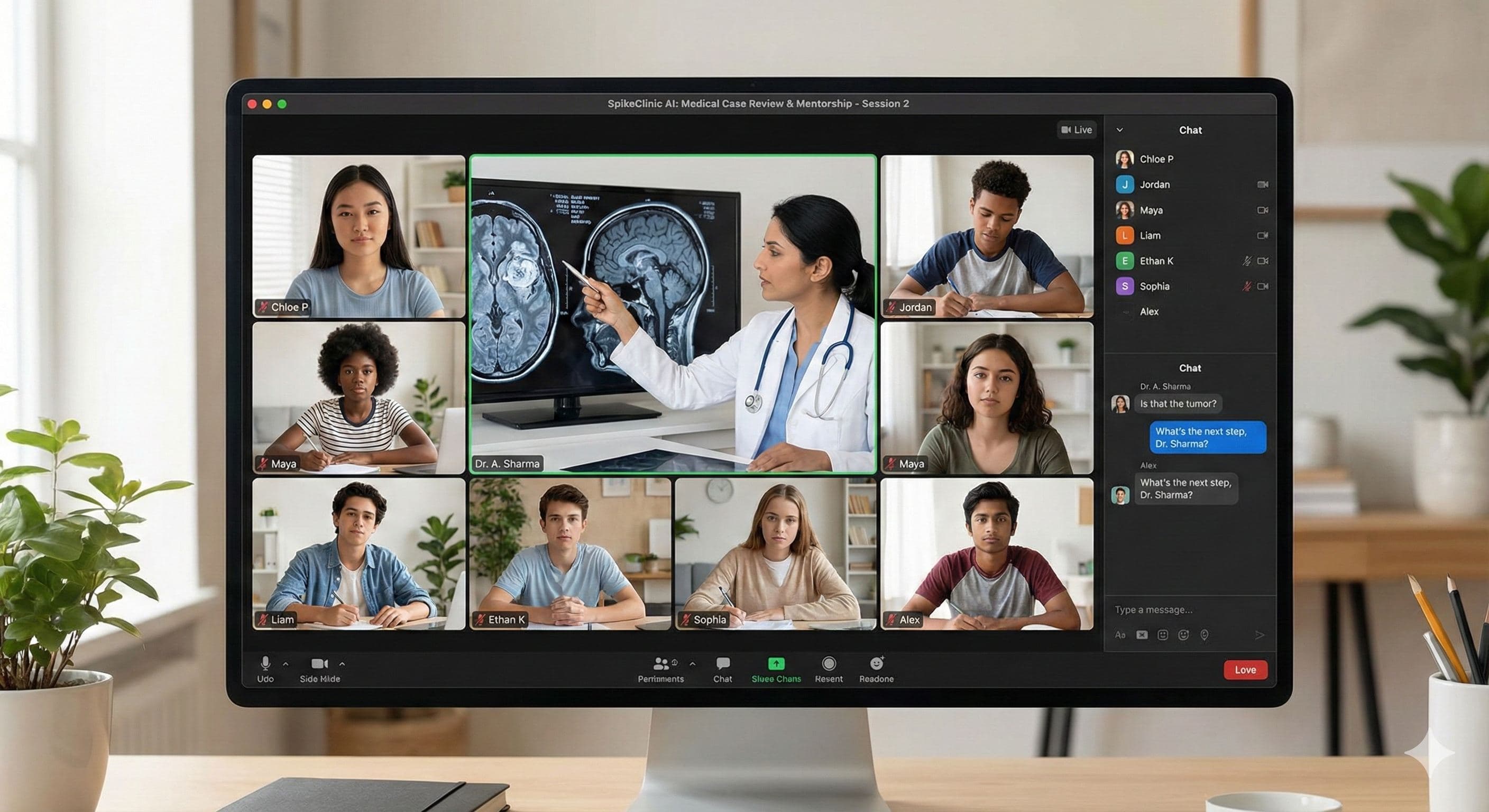 Virtual medical mentorship session - doctor teaching high school students cardiology through live video with brain scan analysis